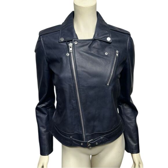 NWT Theory Speed Leather Jacket Dark Navy Blue Asymmetrical Zip Style Sahral - Picture 6 of 16